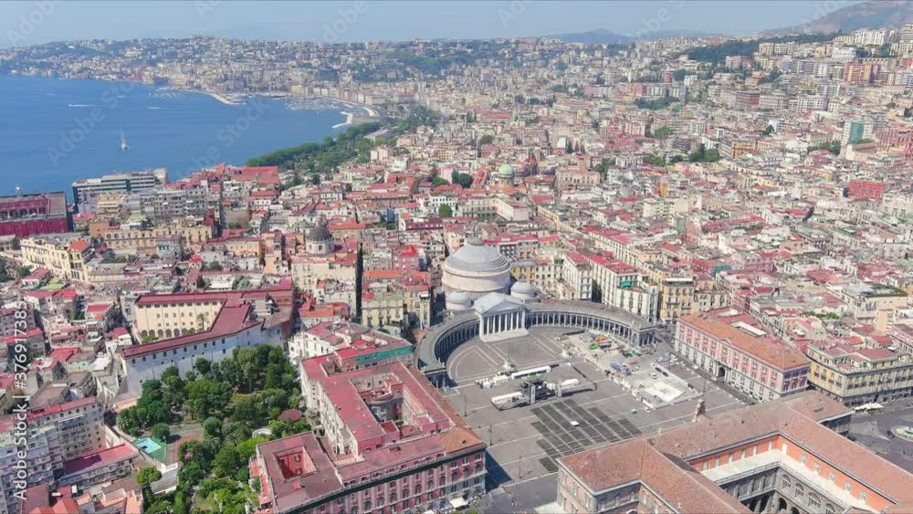 Aerial view of landmark square Piazza del Plebiscito in city of Naples, Basilica Reale Pontificia San Francesco da Paola - landscape panorama of Campania from above, Italy, Europe