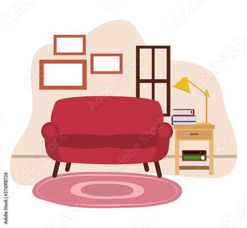 red sofa table lamp books carpet and window