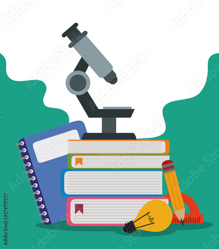 back to school, microscope pencil protractor and notebook elementary education