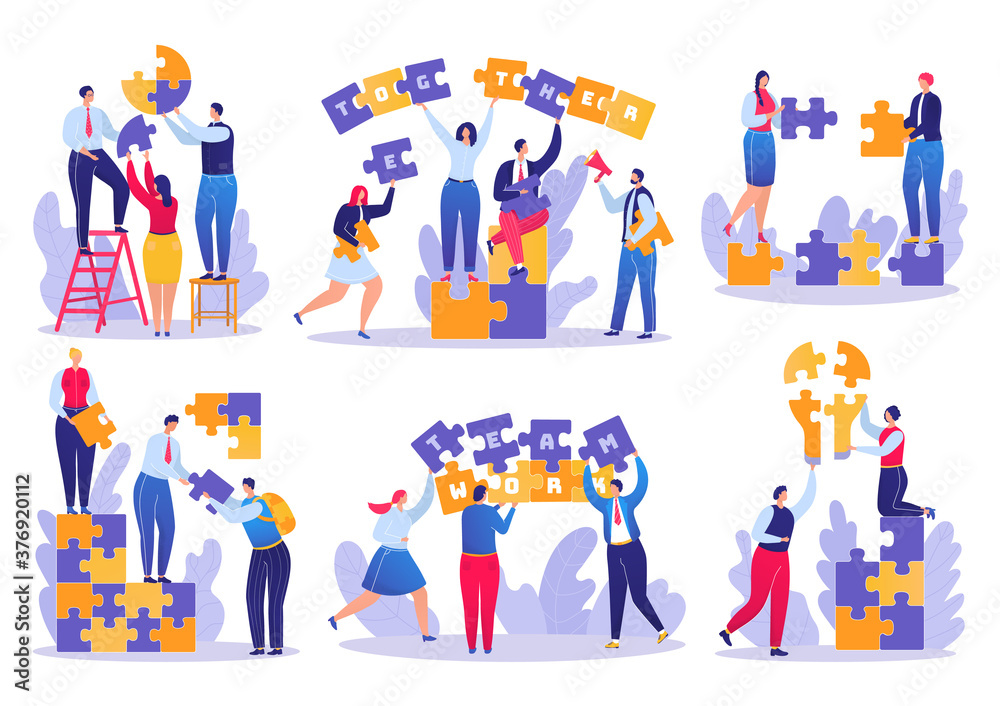 Teamwork puzzle in business set of vector illustrations. Businesspeople joining puzzle pieces. Successful strategy in team. Cooperation and corporate solutions, creative partnership.