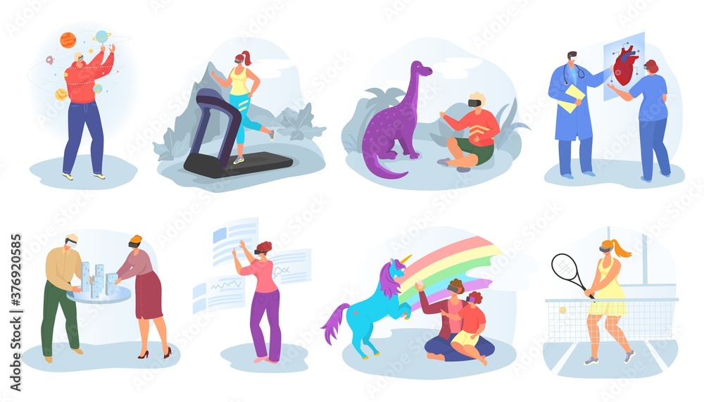 Virtual reality, vr concept, set of vector illustrations. Young people wearing augmented reality glasses for playing game and vr simulation. 3d visual entertainment, equipment, video innovation.