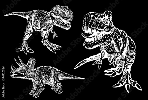 Hand-drawn vector collection of dinosaurs isolated on black background, chalkboard illustration for printing and design