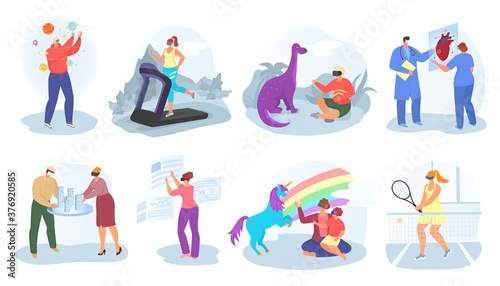 Virtual reality, vr concept, set of vector illustrations. Young people wearing augmented reality glasses for playing game and vr simulation. 3d visual entertainment, equipment, video innovation.
