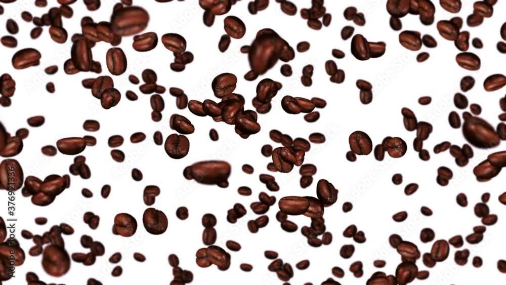 Flying many coffee beans on white background. Caffeine drink, Breakfast, Aroma. 3D animation of roasted coffee beans rotating. Loop animation.