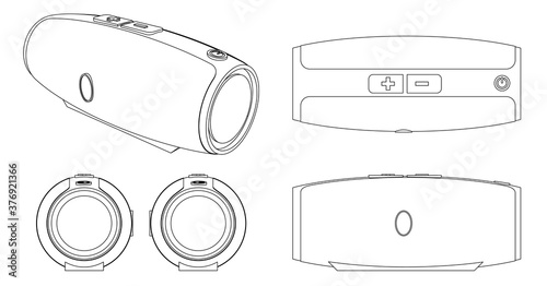 Portable acoustics or mobile speaker blueprint or scheme for music with perspective. Modern party or travel music device