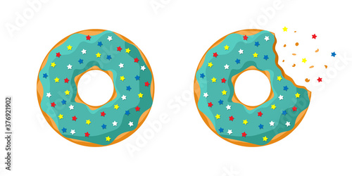 Cartoon colorful tasty donut whole and bitten set isolated on white background. Green turquoise glazed doughnut top view for cake cafe decoration or bakery menu design. Vector flat illustration