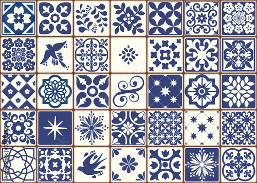 Blue Portuguese tiles pattern - Azulejos vector, fashion interior design tiles  photo