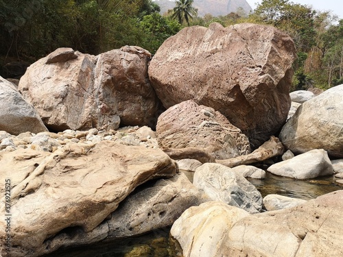 Huge River Rocks in the virgin valley in Mannarkkad, Palakkad, Kerala, India.