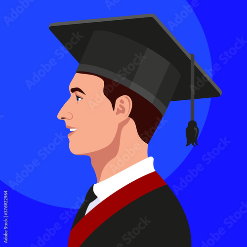 College student, university graduate in graduation cap and celebration gown on blue background. Vector Illustration.