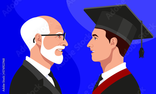 Aged lecturer with glasses in costume instructs college student, university graduate in graduation cap and celebration gown. Vector Illustration on blue background. 