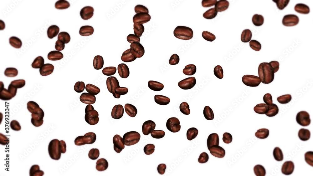 Flying many coffee beans on white background. Caffeine drink, Breakfast, Aroma. 3D animation of roasted coffee beans rotating. Loop animation. Flying many coffee beans on white background. Caffeine drink, Breakfast, Aroma. 3D animation of roasted coffee beans rotating. Loop animation.
