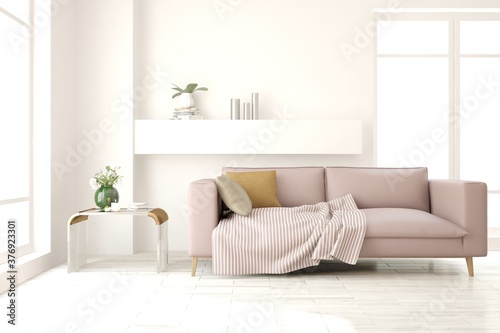 White living room with sofa. Scandinavian interior design. 3D illustration