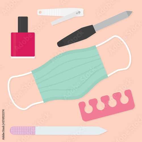 nail salon during coronavirus pandemic, protective measures, face mask - vector illustration