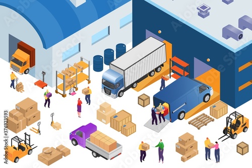 Isometric warehouse storage and industrial equipment, 3d vector illustration. Forklift carrying pallets with boxes, storehouse shelves, cargo trucks, warehousemen. Wares delivery and transportation.