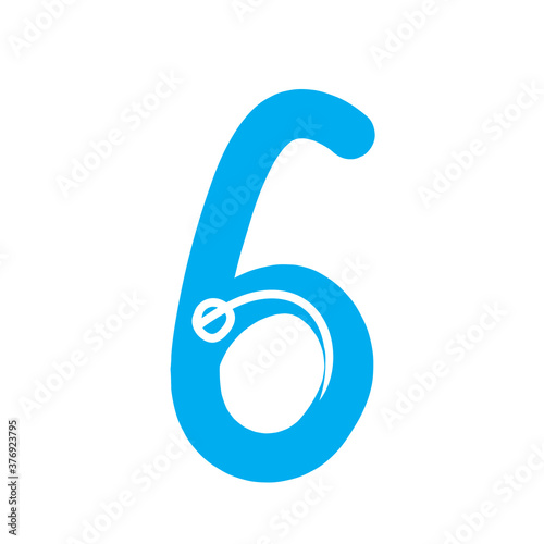 Numeral six isolated on white background, drawn vector stock illustration with single character 6 as element or object for decoration