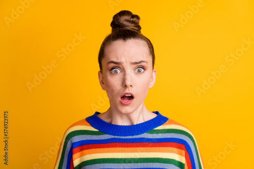 Portrait of astonished girl cant believe unexpected news wear good look pullover isolated over bright color background