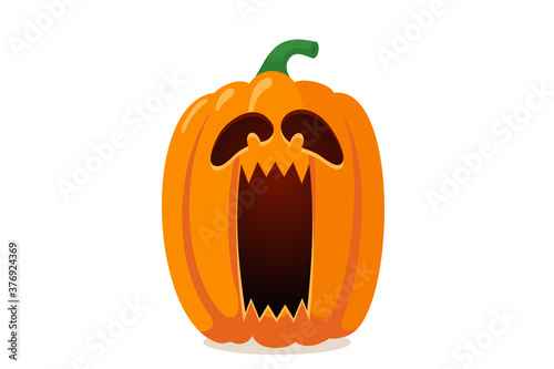 Scary spooky pumpkin jack o lantern with creepy ghost fear screaming ghost face. Traditional happy halloween holiday celebration horror decoration evil symbol. Flat vector illustration isolated