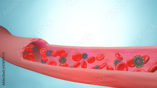 Viral infection of Coronavirus or COVID-19 in bloodstream under the microscope and blue gradient background. Pandemic medical health risk concept with disease cell. 3d rendering illustration.