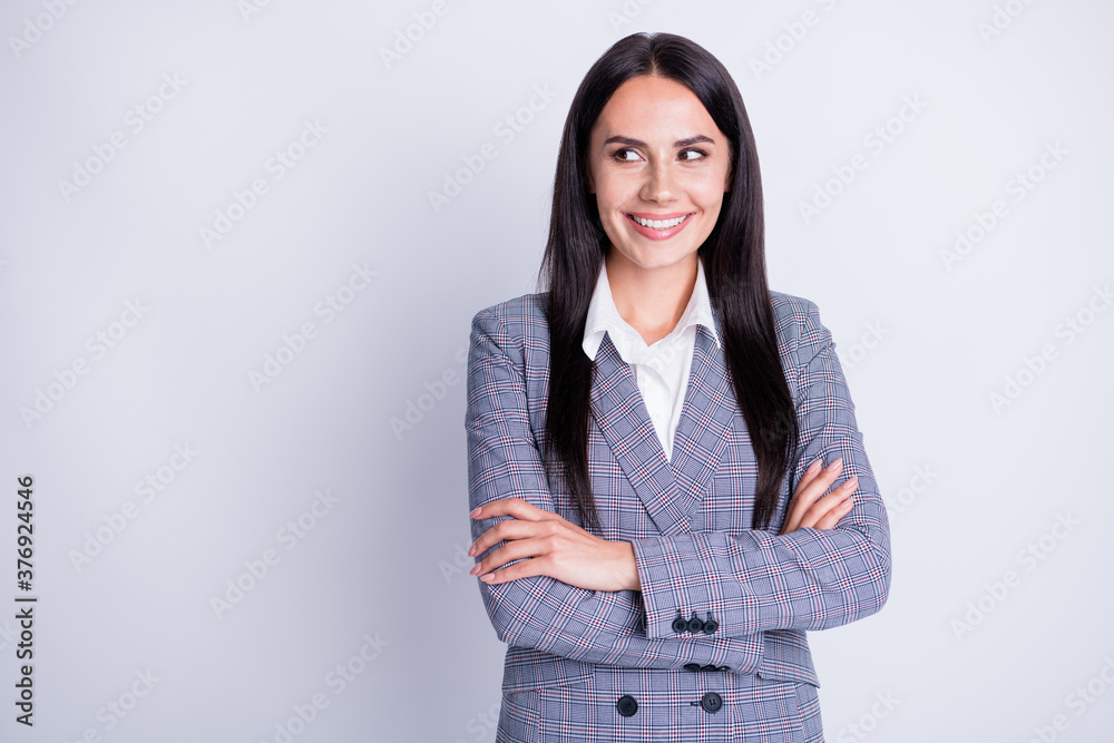 Photo of experienced skilled professional lady arms crossed corporate stuff conference good mood look interested empty space have creative idea formalwear isolated grey color background Photo of experienced skilled professional lady arms crossed corporate stuff conference good mood look interested empty space have creative idea formalwear isolated grey color background