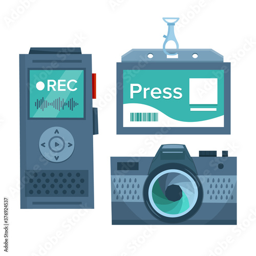 Equipment for journalist. Digital dictaphone or voice recorder, press badge and photo camera. Flat vector illustration.
