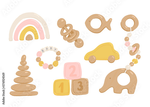 Collection of flat vector wooden toys for babies and toddlers. Cartoon simple style pastel colorful images of child elephant, car, rattles, pacifiers, rainbows and sorters. Montessori accessories