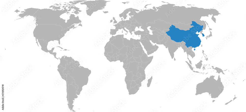 South Korea, China countries isolated on world map. Maps and Backgrounds.