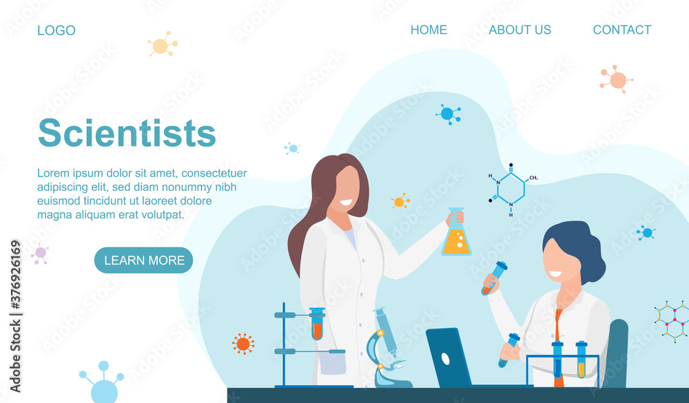 Scientists at Work concept. Two scientists, chemists or biologists working in a laboratory with flasks and test tubes. Web page template. Flat vector illustration Scientists at Work concept. Two scientists, chemists or biologists working in a laboratory with flasks and test tubes. Web page template. Flat vector illustration