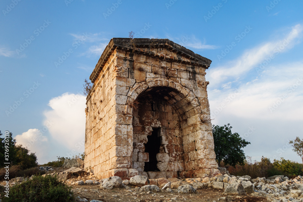 Mausoleum of Aba in ancient city Kanli Divane or Canytelis, Ayaş, Turkey. Aba was Queen of Olba Kingdom, she built it as crypt for her family in 2 century AD. Architecture is similar to Roman temples