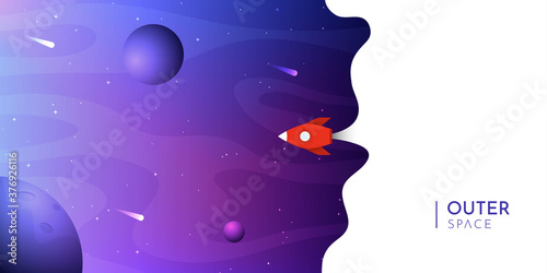 Vector illustration. Panoramic cosmic wallpaper. Abstract concept. Asteroid, planet. Gradient color. Space exploration. Modern art graphics. Elements for web design, poster, banner. Colorful backdrop