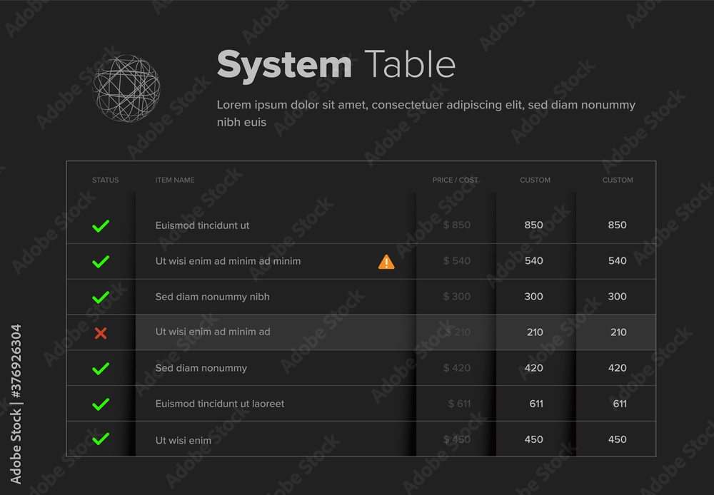 Business infographic table layout with dark background, bright green ...