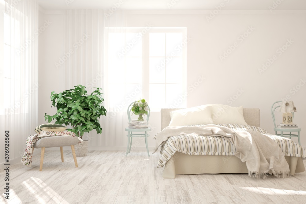 White bedroom interior. Scandinavian design. 3D illustration
