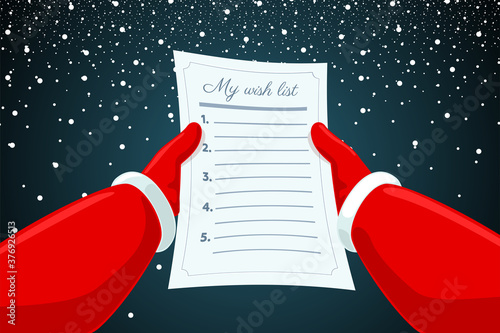 Santa Claus hands holding and reading letter wish list paper on snowy background. Christmas and Happy New Year holiday cartoon vector illustration empty form sheet wish list