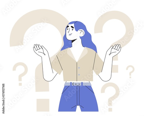 Thoughtful character with question marks solving problems or searching solutions. Problem solving and choice. Woman puzzled and do not know right answer. Frequently asked questions concept.