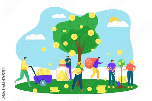 Money tree with golden coins, financial growth in business, investment concept, vector illustration. Wealth symbol, Tree with money dollars currency instead of leaves. Success in market, ecomony.