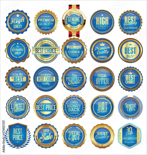 Collection of Gold and blue badges labels laurels shield and metal plates 