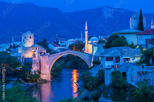Mostar Bridge over Neretva river at sunset, Unesco World Heritage Site, Mostar, Bosnia and Herzegovina