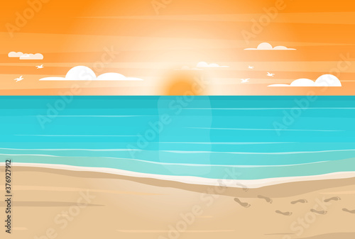 Cartoon Sandy Beach, Sea and Sky Card. Vector