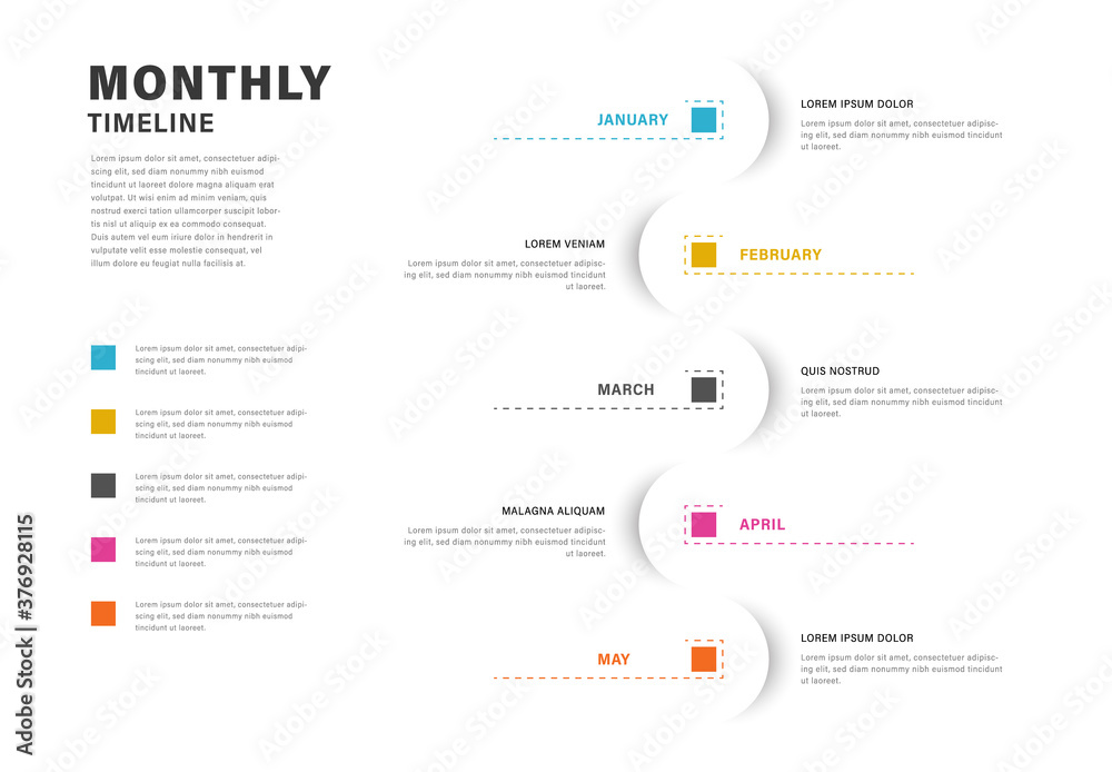 Rounded infographic timeline layout with colored squares, 5 options business template