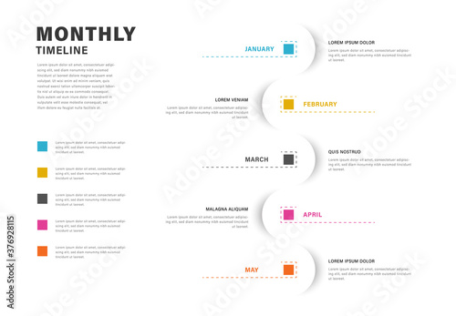 Rounded infographic timeline layout with colored squares, 5 options business template