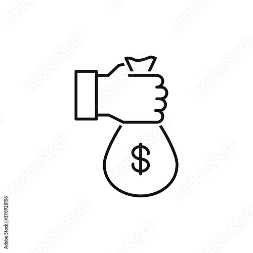 Investment line icon. Hand holding money bag symbol isolated on white background. Vector illustration