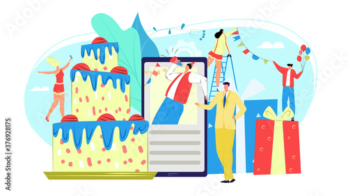 Kids birthday party event service with clowns and fireworks, gift boxes and baloons flat icons isolated vector illustration for website template. Holidays and childrens events organization web site.