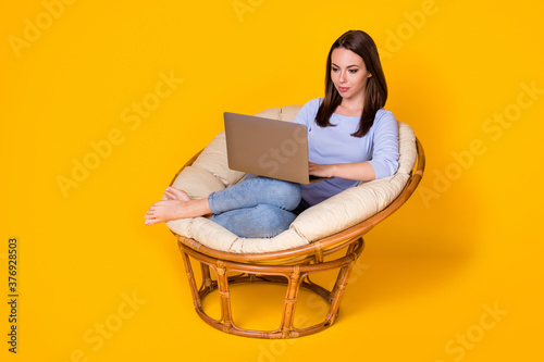 Portrait of her she attractive pretty focused girl sitting in comfy wicker chair using laptop chatting client support e-banking service isolated bright vivid shine vibrant yellow color background