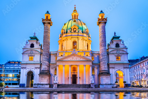 Vienna, Austria - Illuminated Karlskirche church in Wien