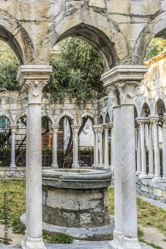 12th century Ruins of old cloisters standing in a small garden in Genoa, Italy.