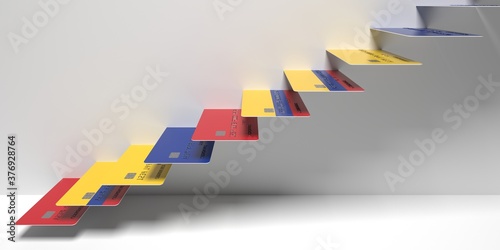 Flag of Colombia on plastic bank cards as stairs of a staircase. Consumer loans related 3D rendering