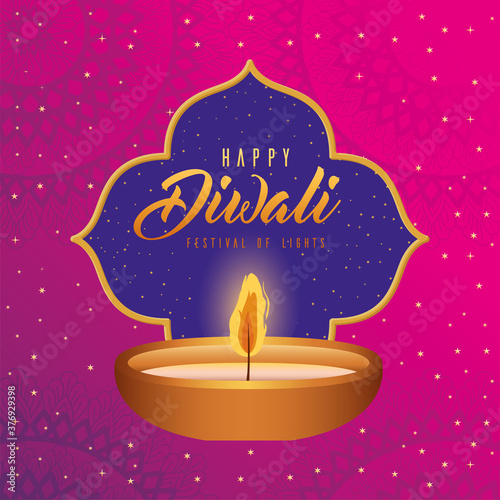 Happy diwali candle with frame on pink with mandalas background vector design