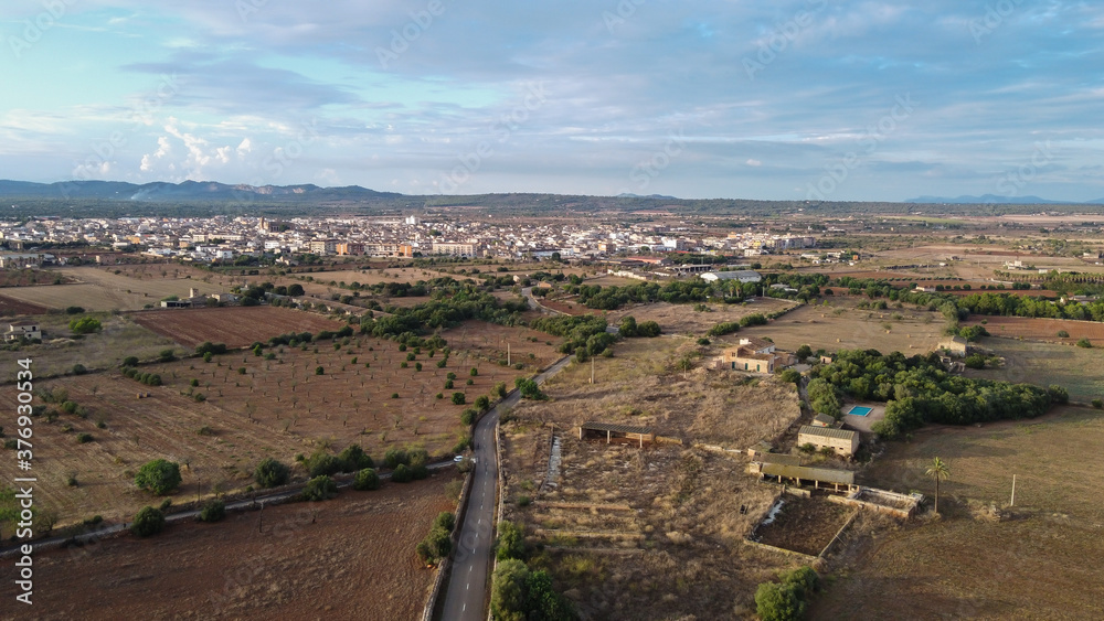 Aerial view of the village of Campos at sunset on a sunny day