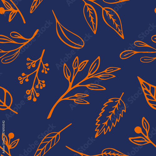 Autumn leaf seamless pattern in trendy 2020 colors. Indigo background with orange leaves, plants and sprigs in line art