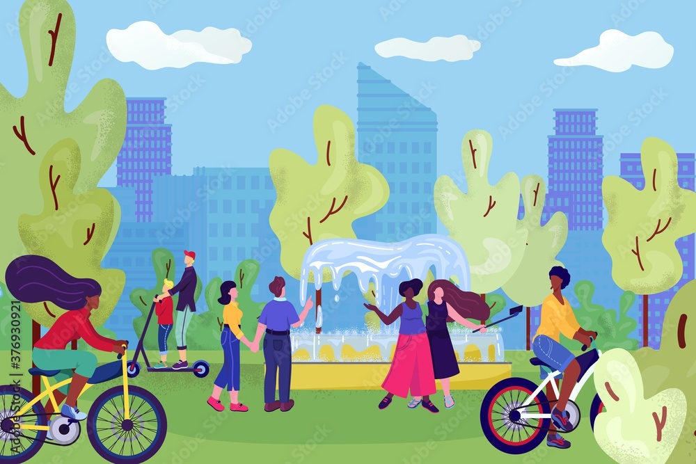People in city park, on bicycles, having fun near fontain, leisure and rest in summer nature, making selphies with friends vector illustration. Couple walking in park, relaxing on sunny day.