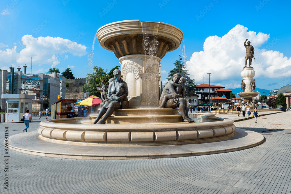 Olympias Monument fountain and Philip II of Macedonia statue, Skopje, Macedonia